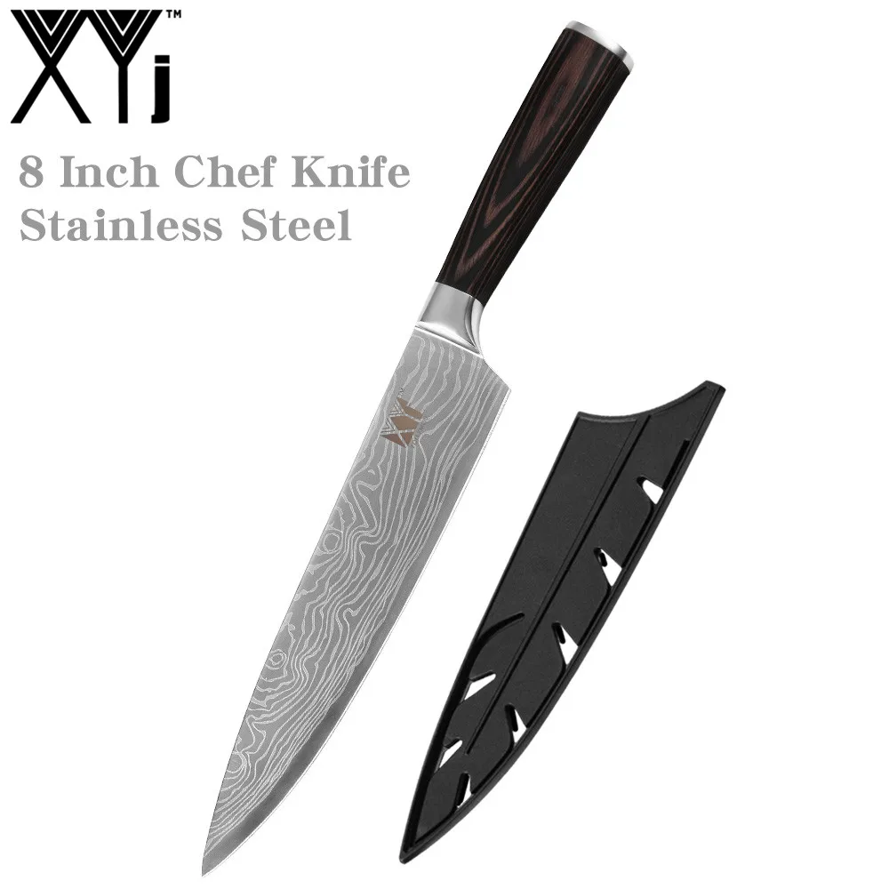 XYj 8 inch Stainless Steel Chef Knife Damascus Pattern Blade Color Wood Handle Kitchen Cooking Knives Meat Fish Tools Accessory - Color: NO.1