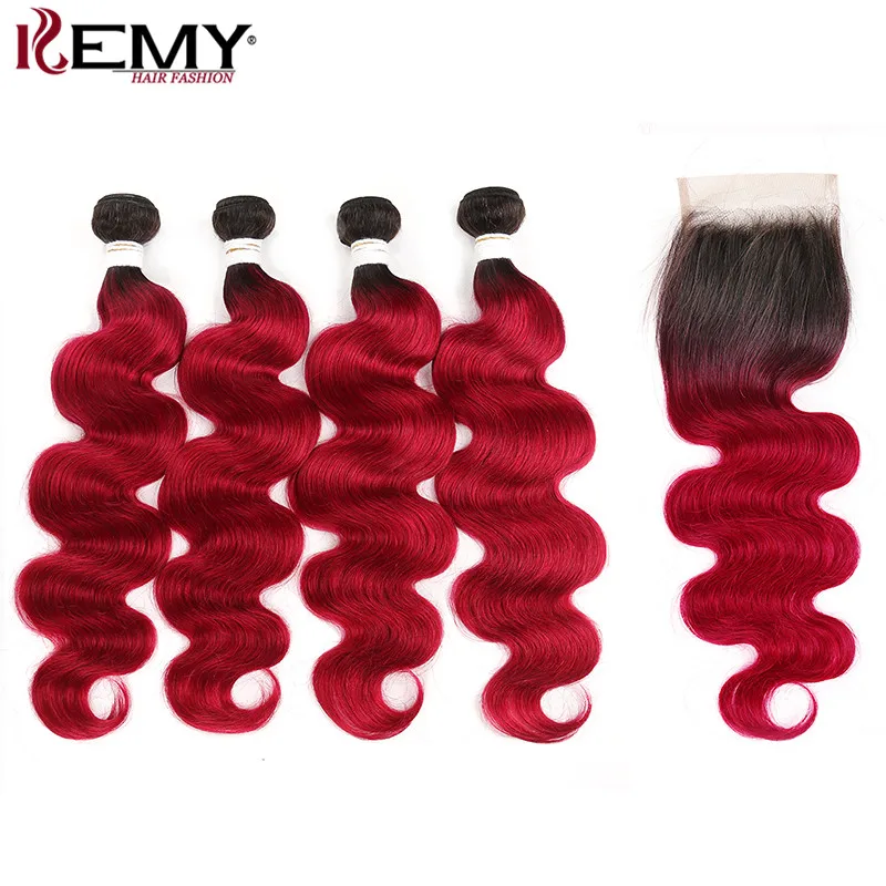 

Ombre Red Body Wave 4 Bundles With Closure 4*4 KEMY HAIR Brazilian 100% Human Hair Extension Non Remy Hair Weave Bundles