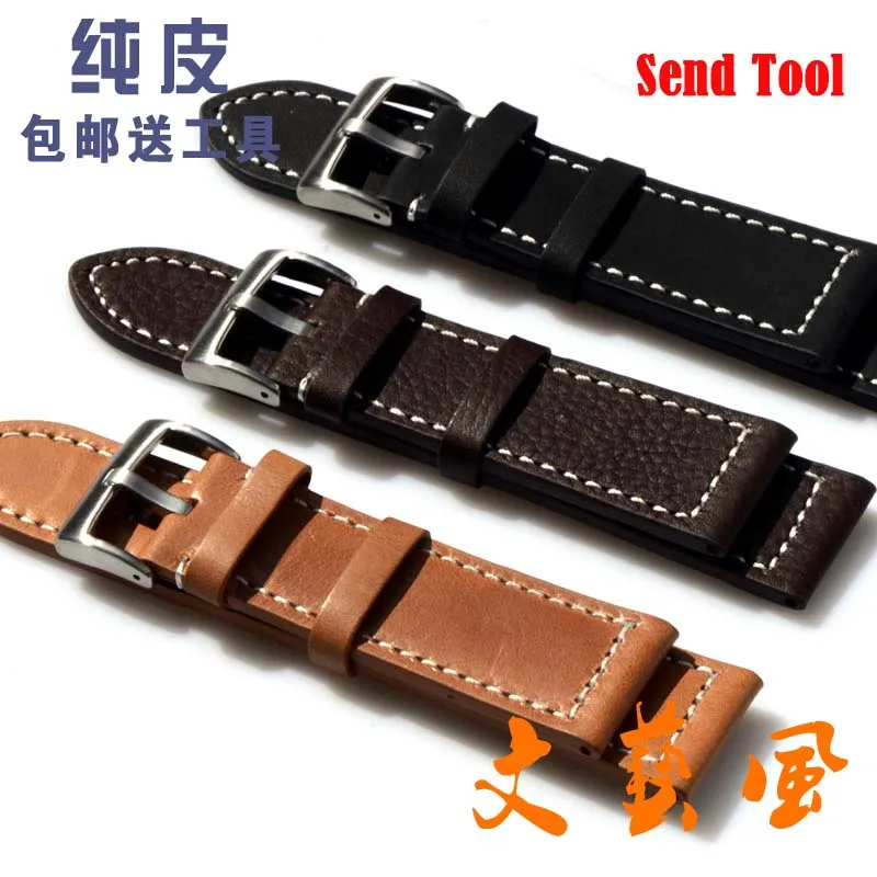 

23mm 24mm NEW Mens High quality Genuine Leather Black Croco Grain Red Stitch Watch Band Strap