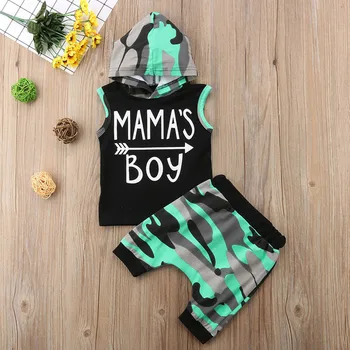 

Toddler Baby Boys Letter Print Vest Hooded Tops+Camouflage Shorts Outfits Sets Erkek Bebek Giyim Fashion Baby Boy Summer Clothes