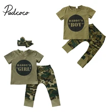 Коллекция года, брендовая камуфляжная одежда для новорожденных мальчиков и девочек Футболка с буквенным принтом топы и штаны, комплект одежды повседневный летний детский комплект