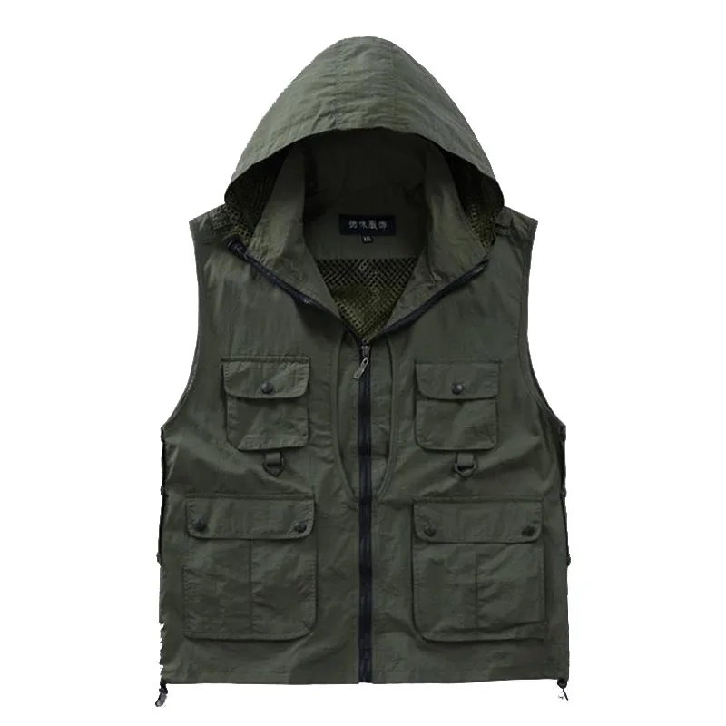 

Versatile Photography Hoodied Men Vest Waterproof Quick-drying Mesh Fishing Vest Men Gilet Sleeveless Jackets Pockets Plus Size
