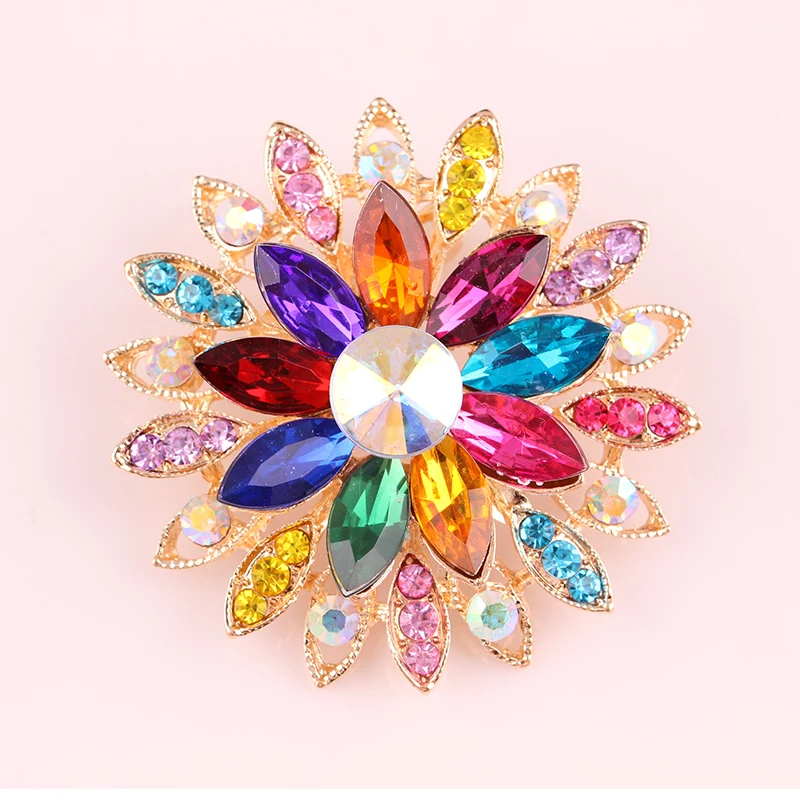 Multicolor Wholesale Large Round Crystal Rhinestone Flower Brooch Pins