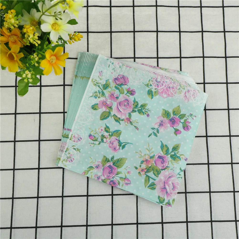 

33cm*33cm 20pcs/pack/lot Retro Floral Paper Napkins Rose Green Event & Party Tissue Napkins