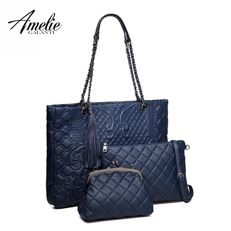 

AMELIE GALANTI Women's Bag 3 bag piece Mother and Child Package Embroidery Chain Hand Strap Big shoulder Bag Purse Woman Bag Set