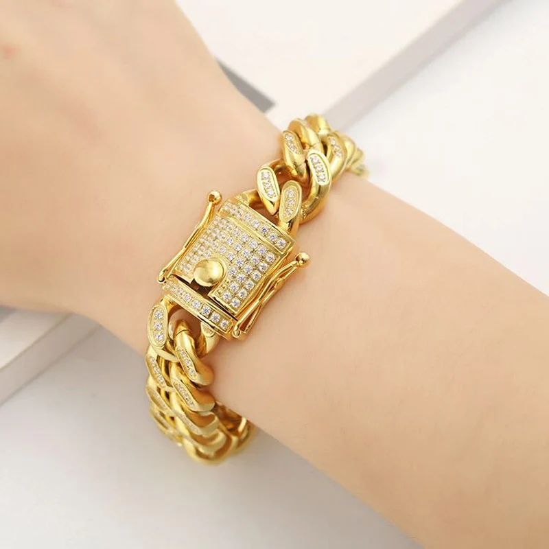 Позолоченный мужской женский кубинский браслет-цепочка из нержавеющей стали, полный CZ, хип-хоп, ювелирные изделия, двойные защитные застежки 10 мм-18 мм