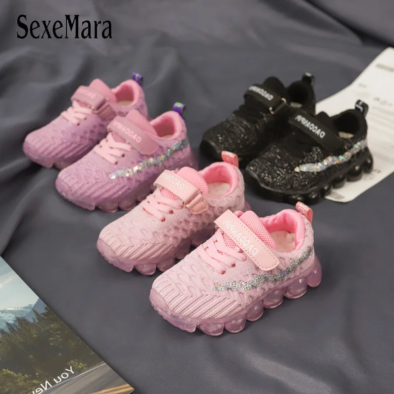 Korean Style Bling Stripe Shoes Kids 2019 New Spring Knitted Fabric Children Sports Shoes Boys