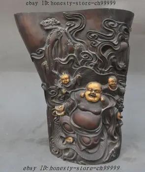 

11"Marked Old China Bronze Gilt Maitreya Buddha Statue brush pot pencil vase Jar
