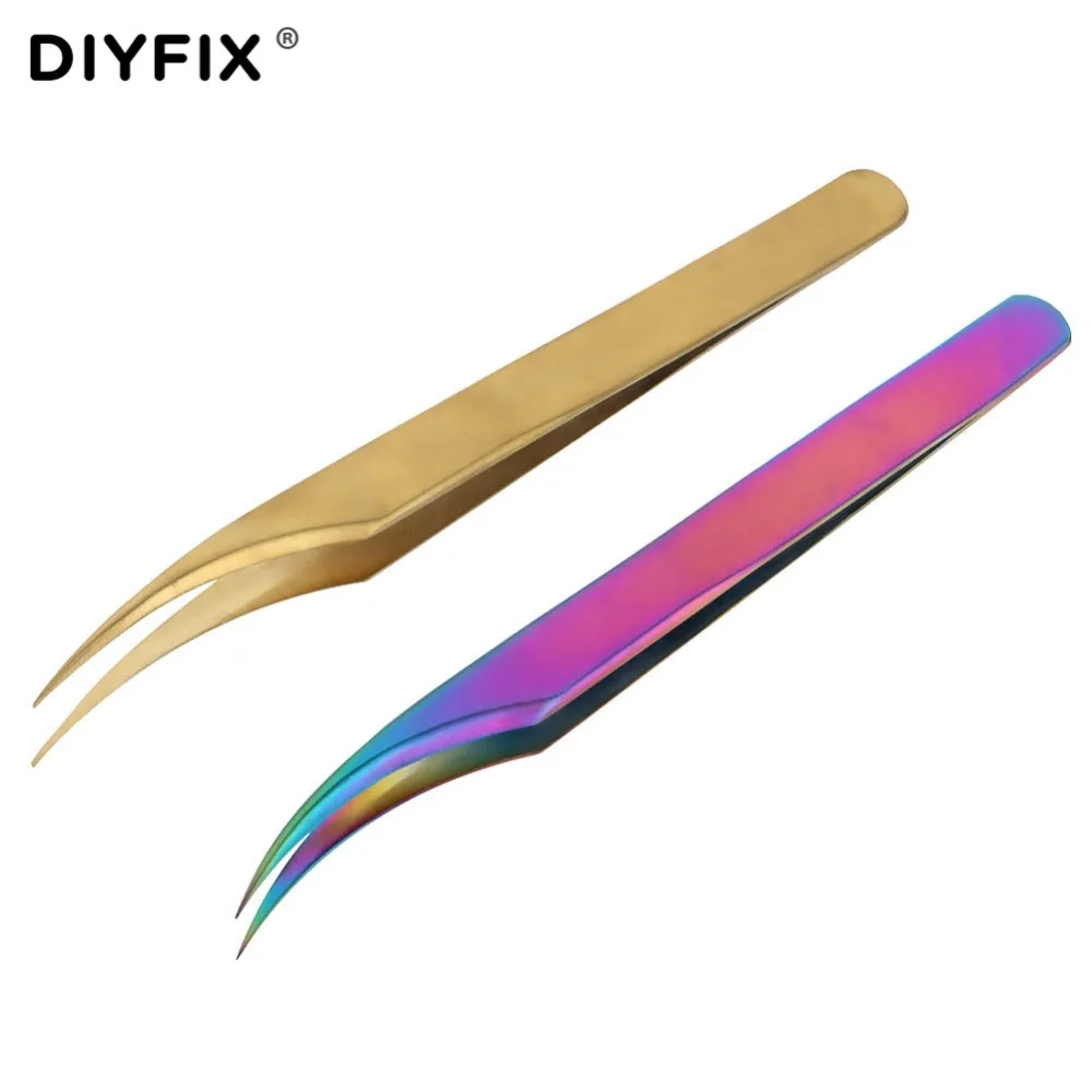 

DIYFIX Eyelash Extension Tweezers Electroplating Forceps Curved Tips for Nail Art Rhinestones Gem Decor Picking Hand Tool