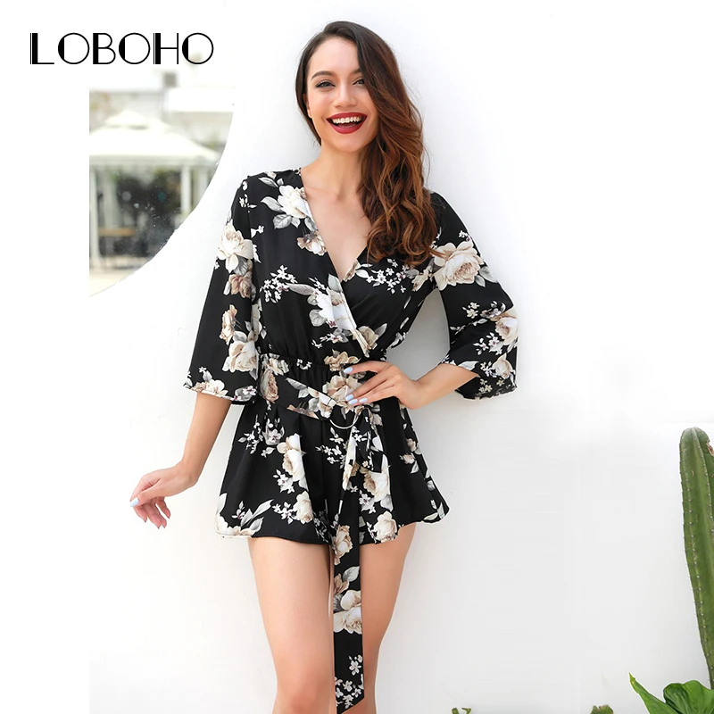 

Floral Print Rompers Womens Jumpsuit Summer 2018 Fashion Deep V Neck Sexy Jumpsuits Shorts With Belt Casual Black Women Playsuit
