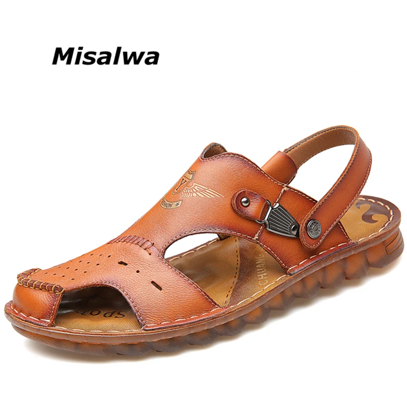 

Misalwa Toe Protect Men Casual Summer Real Leather Sandals TPR Outsole Men's Non-slip Casual Slippers Roman Beach Shoes