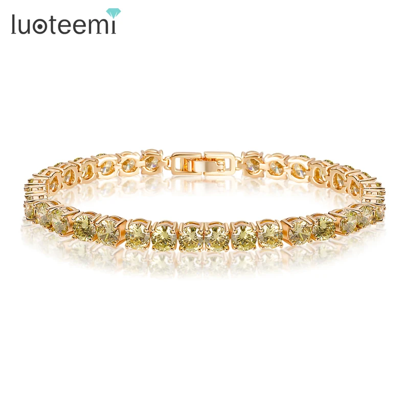 

LUOTEEMI Brand Trendy Olive Yellow Bracelets Bangles Champagne Gold-Color 5mm Round AAA Cubic Zirconia Bracelet for Women Hot
