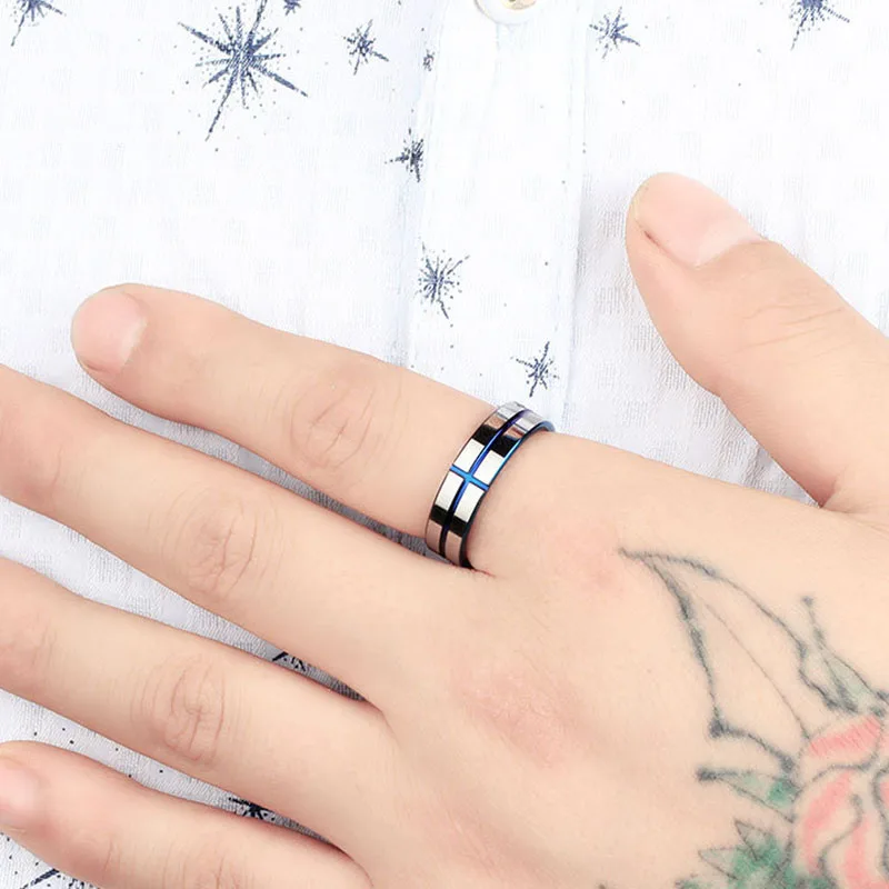 New Fashion Jewelry Titanium Steel Ring for Men Blue Cross Stainless Steel Mens Ring Personality Charms Rings Wedding Party Punk