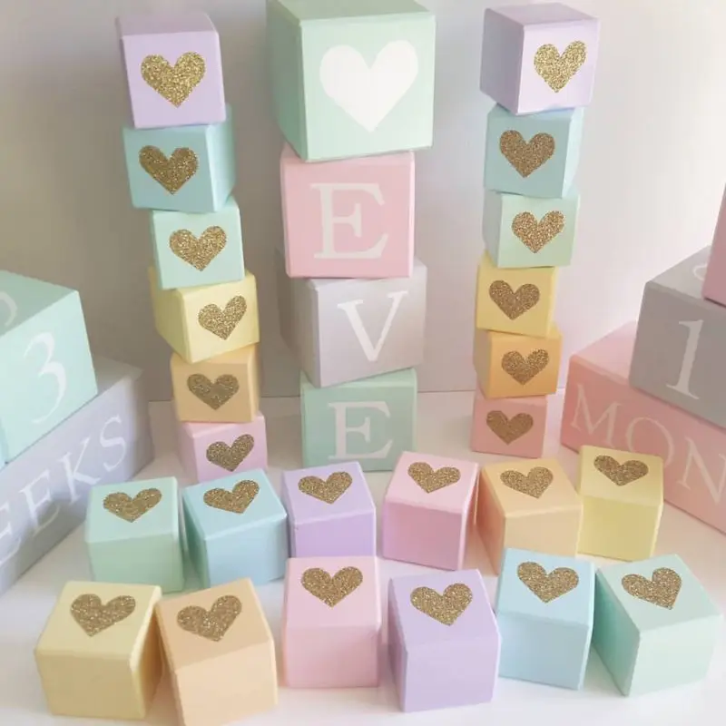 Baby Room Fashion Soft Assembly Furnishings Solid Wood Flash Gold Love Heart Square Cube Ornaments Photography Decoration Prop