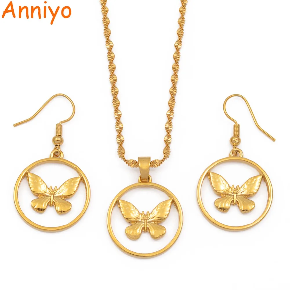 

Anniyo Round Butterfly Pendant Necklaces and Earrings for Women Girls Gold Color PNG Jewelry Wedding Party Sets Girls #015116