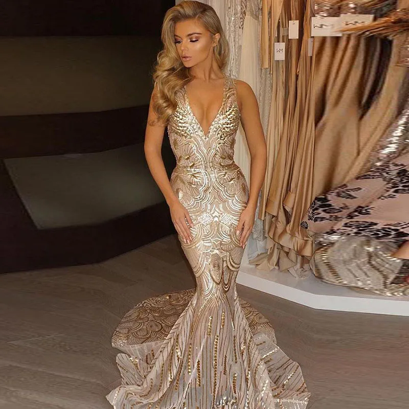 

Mermaid Evening Dresses Long 2019 V-Neck Sequins Backless Robe De Soiree Sexy Evening Gown Vestido De Festa