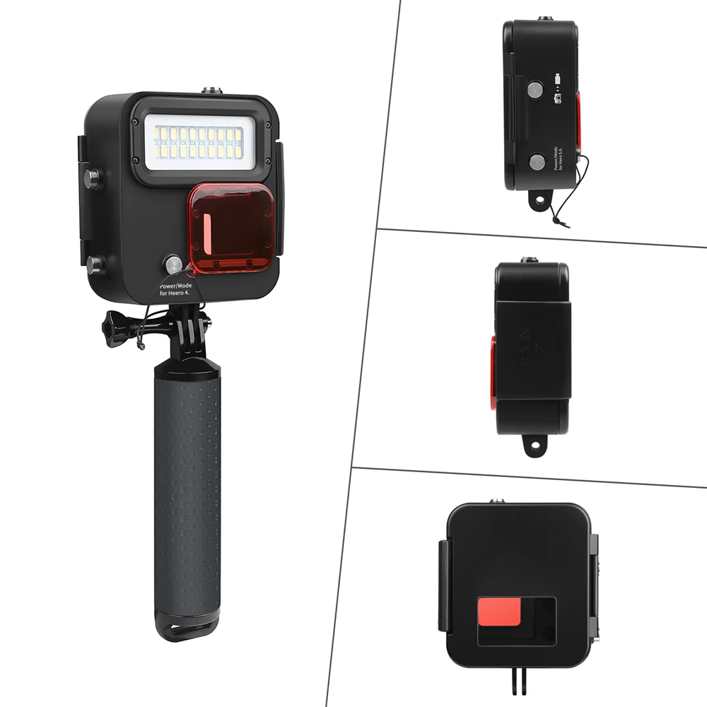 FGHGF 1000LM buceo luz LED impermeable funda para GoPro Hero 7 6 5 negro 4 3 + Cámara de Acción plateada con accesorio para Go Pro 7 6 - 4