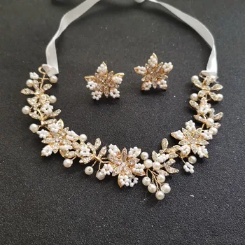 

SLBRIDAL Handmade Crystal Rhinestone Pearls Flower Wedding Headband/Necklace Earring Set Bridal Hair Accessories Women Jewelry