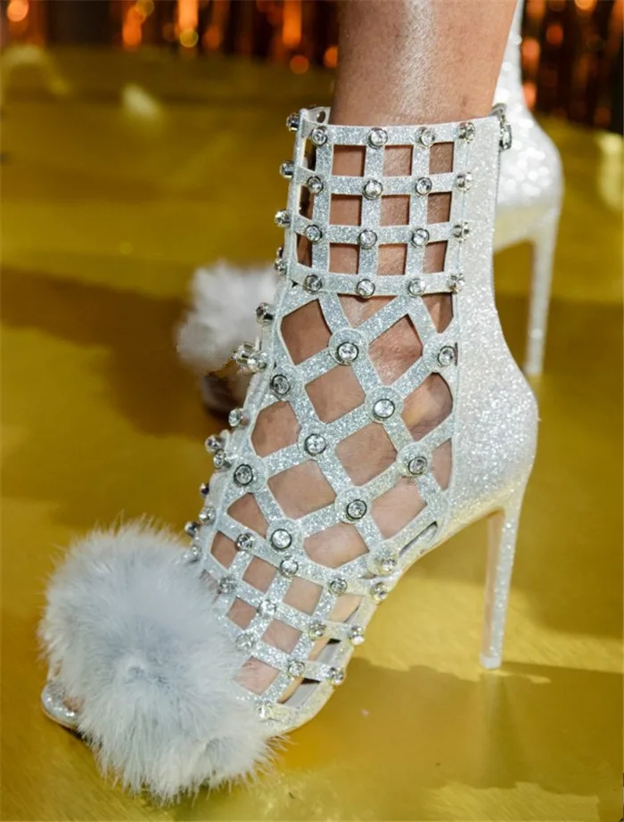 

Summer Newest Silver Glitter Straps Women Sexy Cage Sandals Fox Fur Open Toe Ladies Gladiator High Heels Fashion Crystal Shoes