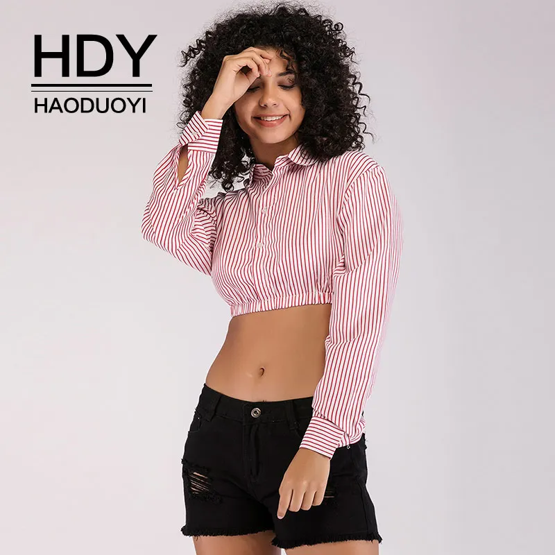 HDY Haoduoyi весенние Рубашки женская блузка мини с длинным рукавом Красные Полосатые