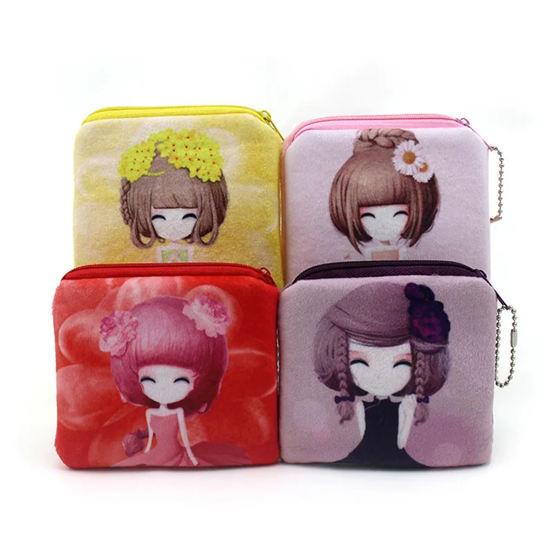  10cm*10cm Cute Style Novelty Beautiful Gril Zipper Plush Square Coin Purse Kawaii Children Bag Women Wallets 