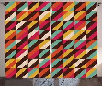 

Abstract Curtains Funky Geometric Square Boxes with Parallel Color Bars Triangles Stripes Retro Living Room Bedroom Window