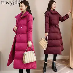 2018 зимняя длинная куртка тонкий мягкий хлопок регулируемый пояс пальто Для женщин вниз хлопок толстые куртка плюс Размеры пальто A1641