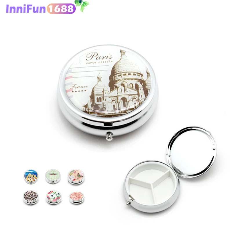 1PCS Portable Metal Round Flower Print Organizer Cute Compartment Pill Case Divid Storage Tablet Container Medicine Box