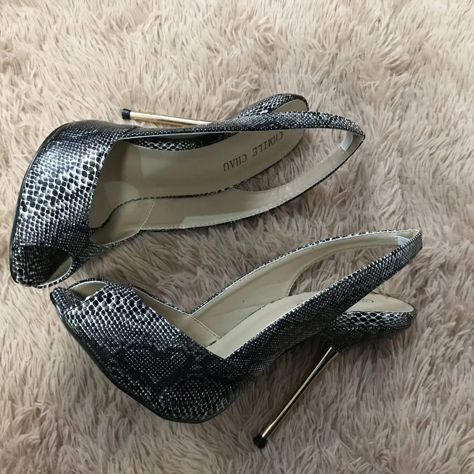 

Women Stiletto Thin Iron High Heel Sandals Sexy Sling Back Peep Toe Black Snakeskin Party Bridal Ball Lady Shoe 3845-g12