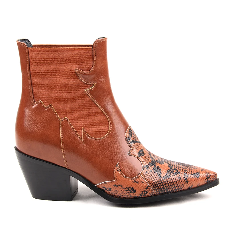 

2019 Spring New Retro Real Leather Ankle Boots Woman Pointed Toe Microfiber Mixed Color Low Heel Boots Women Cowboy Boots Femme
