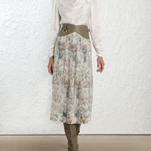 Одежда высшего качества дамы Высокая Талия мимолетные складки выцветшие Цветочный принт Ножи плиссированная юбка миди незаметная боковая застежка-молния