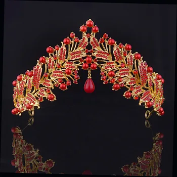 

Fashion Luxury Crystal Pearls Wedding Crown Bridal Hair Accessories Red /White Leaf Bride Head Chain Headband Tiaras