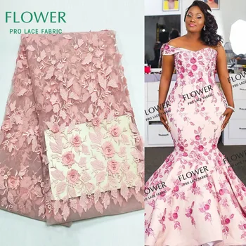 

Pink 3D Flower !! Applique African Lace Fabric Beaded Nigerian Embroidery Guipure French Mesh Tulle Laces With Beads Party Laces