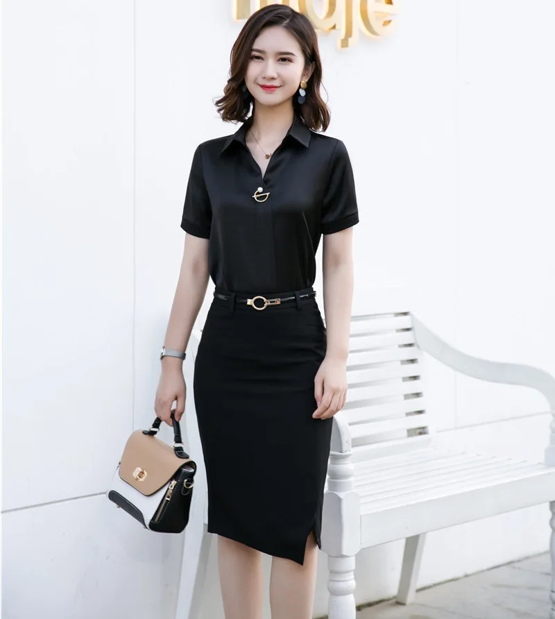 Офисные женские офисные блузки женские рубашки черные с коротким рукавом летние OL стили