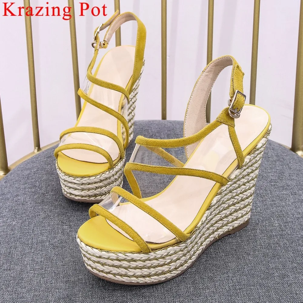 

Krazing Pot new fashion kid suede peep round toe buckle strap wedges platform transparent pvc straw decoration women sandals L56