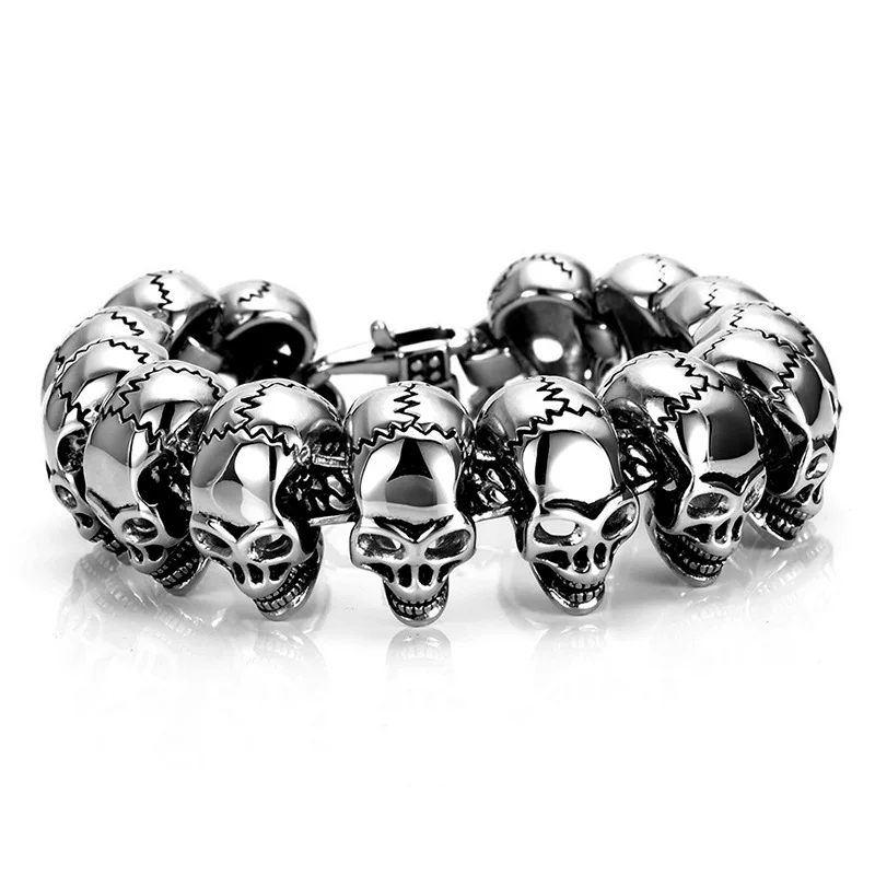 

Hot Punk 21.5cm Long Skull Bracelets For Men Stainless Steel Shiny Skull Charm Link Chain Brecelets Male Gothic Jewelry 2019