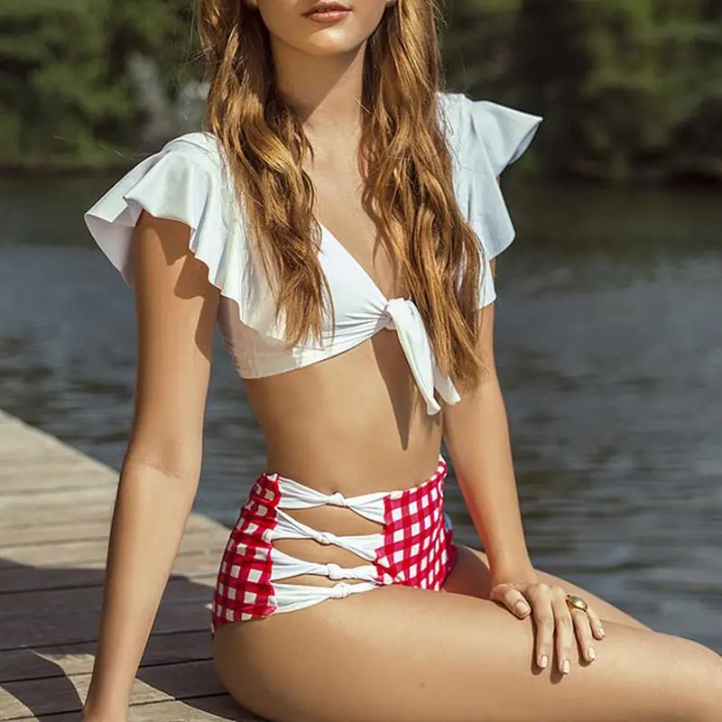 

Turmeric ruffle bikinis 2019 mujer push up bather Knot bathing suit sexy swimsuit female High waist woman swimwear hollow out