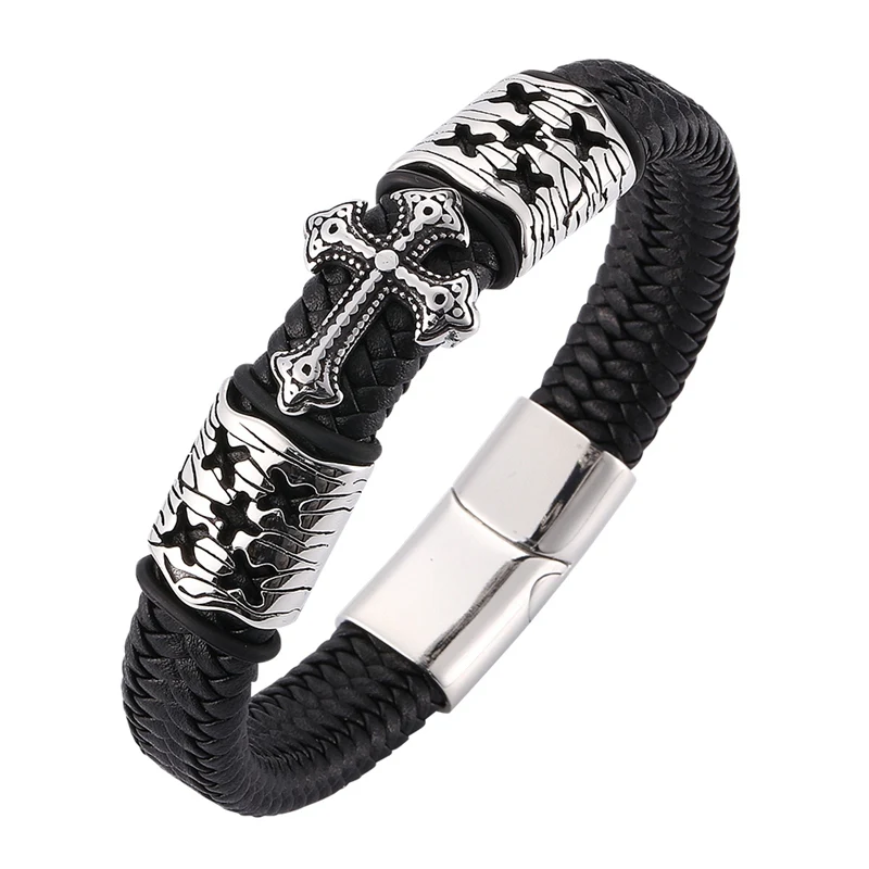 

New Men Jewelry Cross Bracelets Charm Stainless Steel Magnet Clasp Wristband Classical Bangles Fashion Gift BB0080