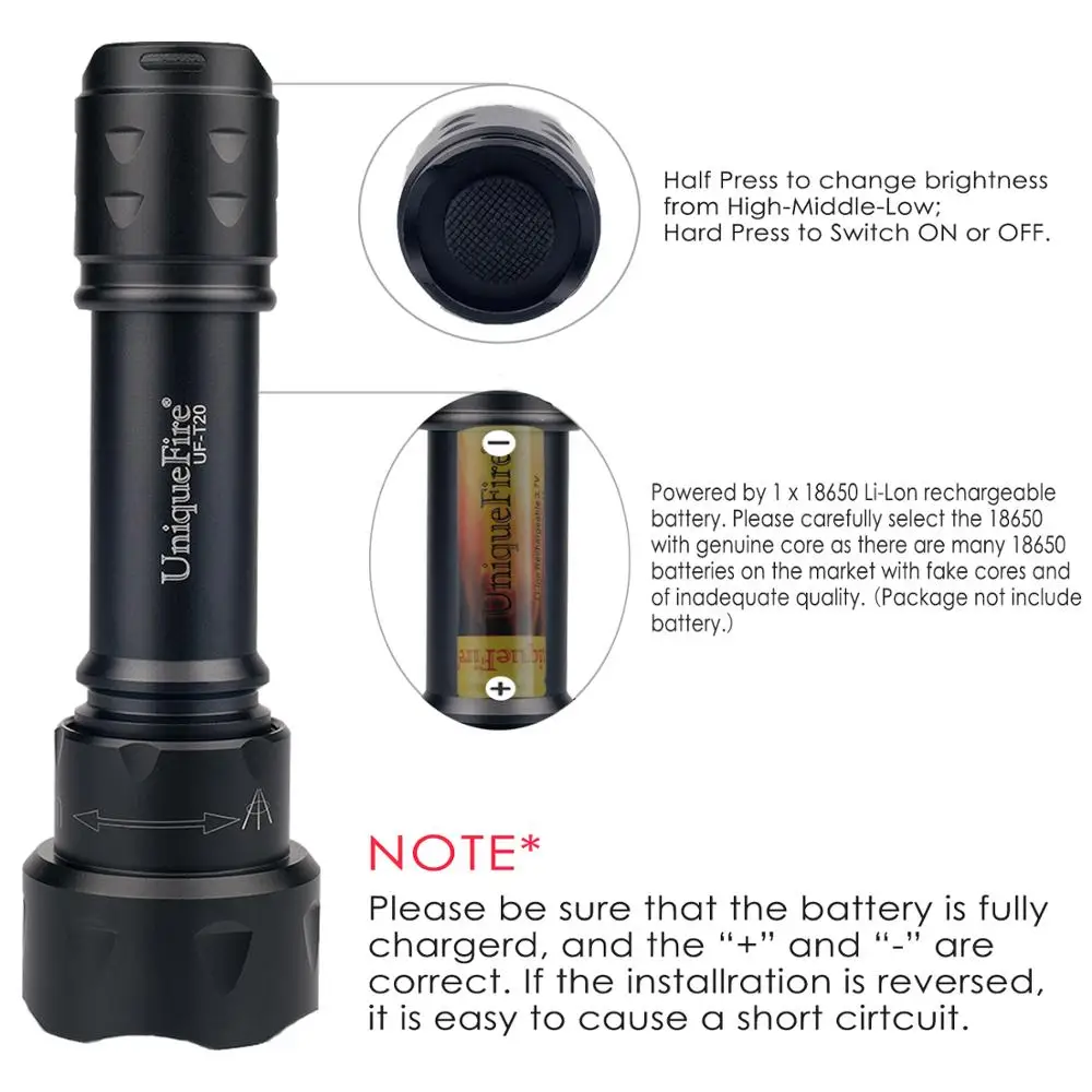 UniqueFire T20 UV 365nm Ультрафиолетовый светодиодный фонарик 1 Режим детектор моча