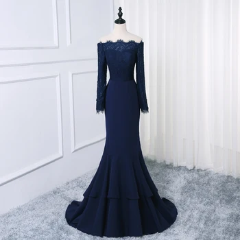 

African Mermaid Evening Gowns Navy blue Off Shoulder Lace Sash Long Sleeves Prom Dress 2019 Dubai Arabic Party Gowns