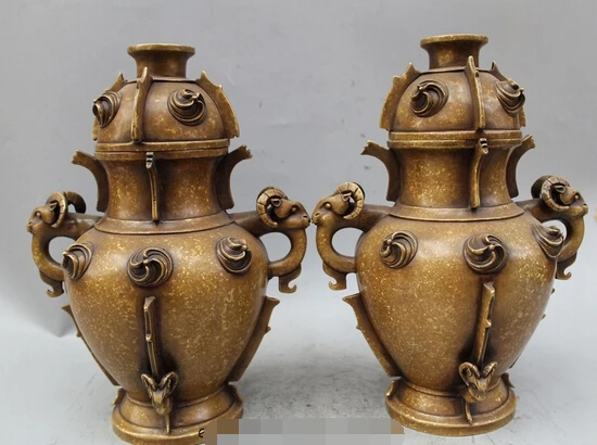 

006817 12" Marked China Dynasty Bronze Two-sided Sheep Statue Zun Bottle Vase Container