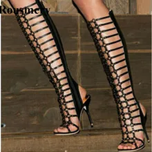 Дизайн; женские модные сапоги-гладиаторы до колена с открытым носком; Цвет Черный; кожаные сапоги с ремешками; сапоги на высоком каблуке-шпильке золотистого цвета; модельные туфли