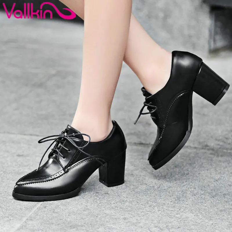 

VALLKIN 2017 Vintage Rivets Pointed Toe PU Women Pumps Lace Up OL Work Shoes Women Spring Square High Heel Shoes Size 34-39