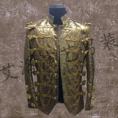 

Free shipping golden full sequins beading medieval jacket vintage stage performance sequins jacket/can customs size.