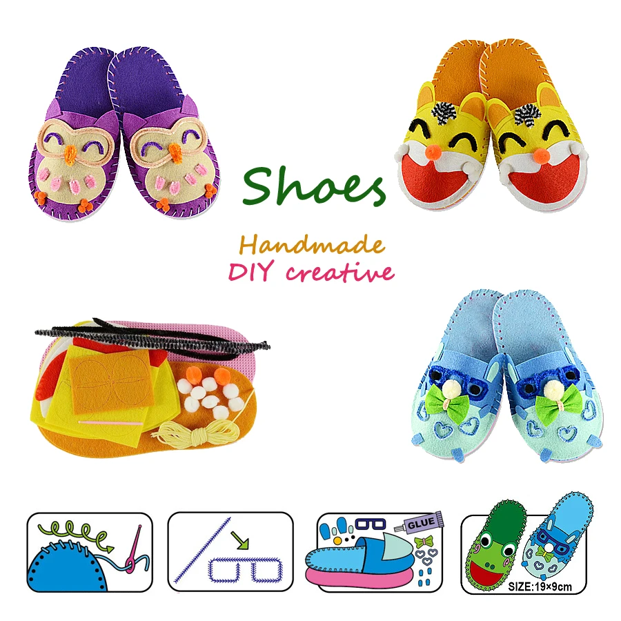 

DIY Handmade Non-woven Fabric Shoes Sewing Kit for Kids,Art Craft Sewing Cartoon slippers Art Educational toys for Little Kids