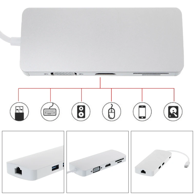 

8 in 1 Hub USB Type C RJ45 Ethernet USB 3.0 TF SD Card Reader Adapter 4K HDMI Laptop Accessories