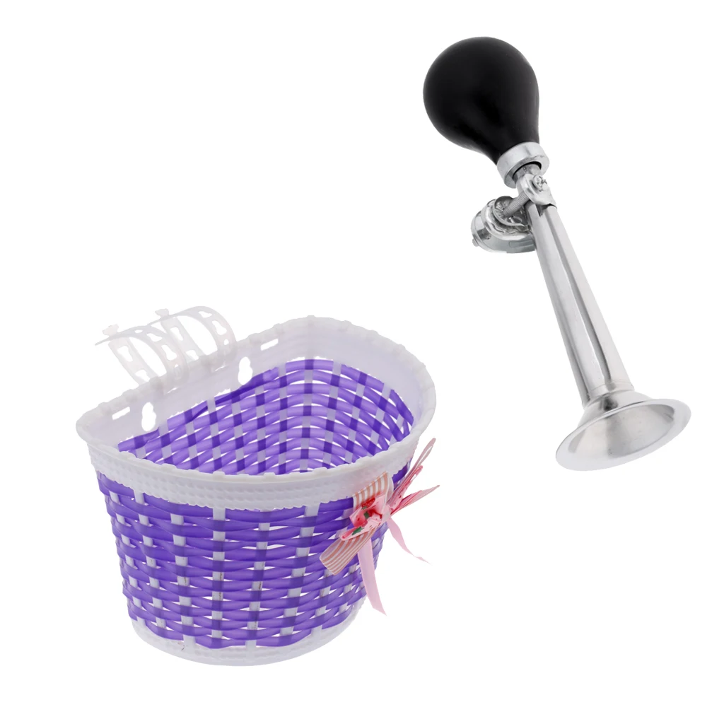 Kids Rubber Bulb Bike Air Horn Bugle with Front Basket Shopping Holder for Girls Bicycle Scooter Pink Purple