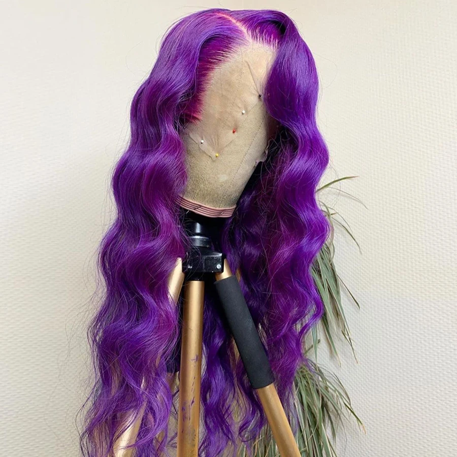 Бразильские волосы Remy парик фронта шнурка фиолетовый цвет человеческих волос парики тела волна кружева фронта человеческих волос парики для черных женщин предварительно сорвал