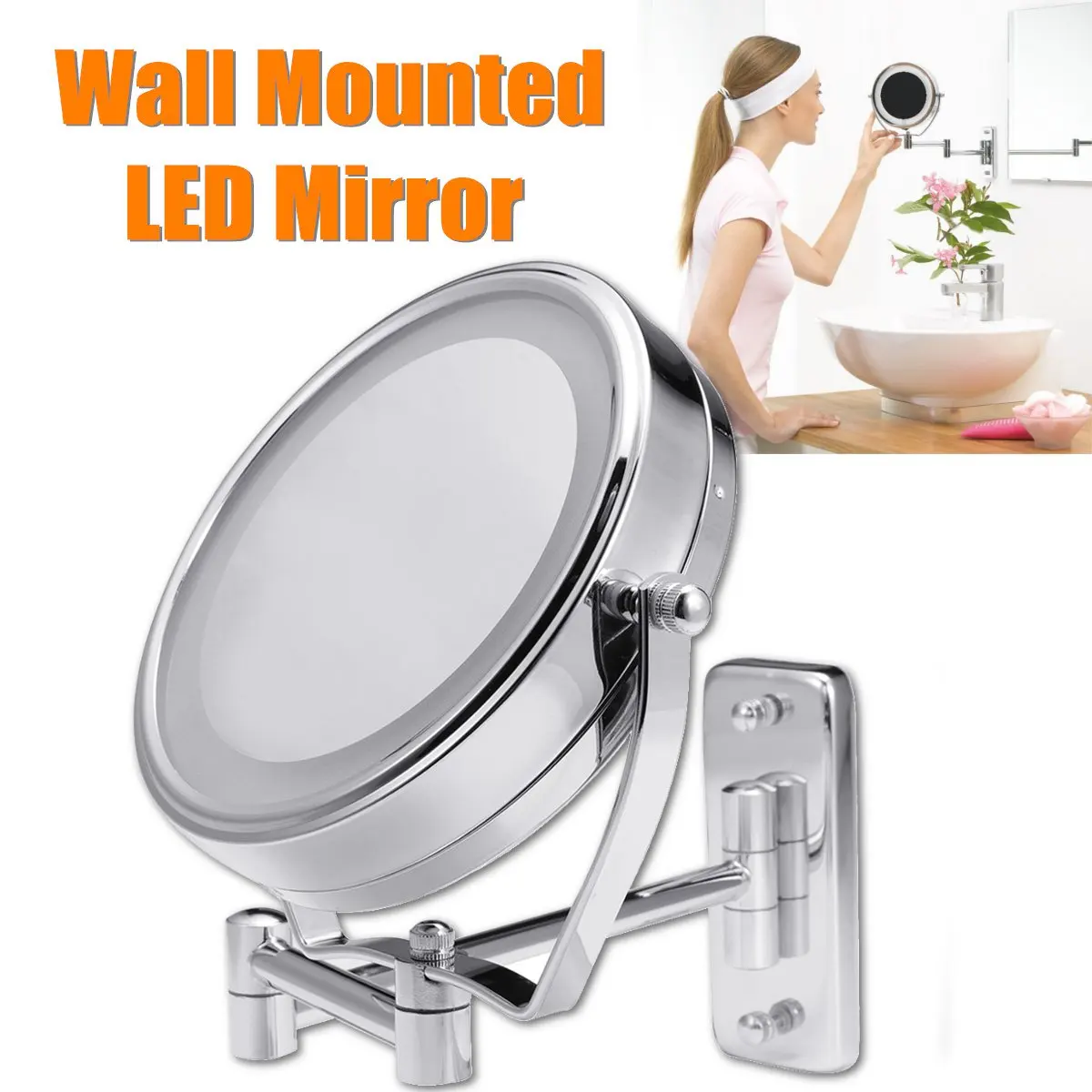 6" Diameter Bathroom Shaving Makeup Mirror With LED Lights Wall Mount Two Sides Extendable Rotate Cosmetic Mirror Magnifying 7X