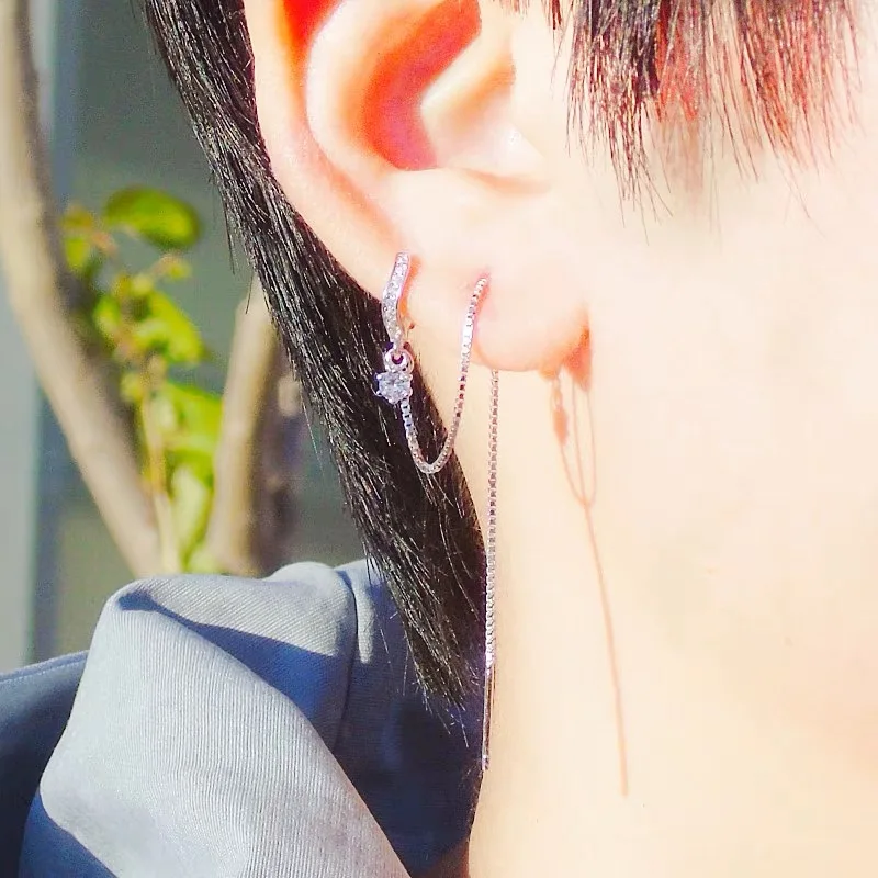 

New 925 sterling silver earring double ear hole ear wire ear bone ear buckle personality two ear hole female silver ear jewelry
